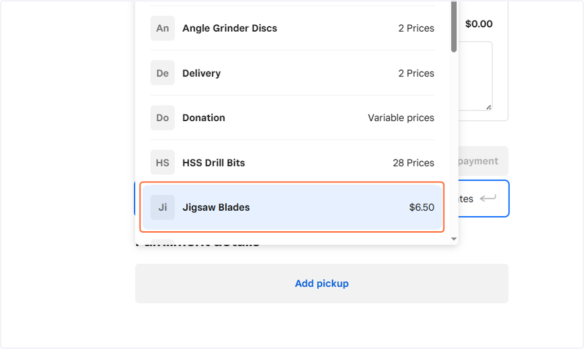 Some items only have 1 variation price, i.e. Jigsaw Blades. Simply select the item and then adjust the quantity if required.