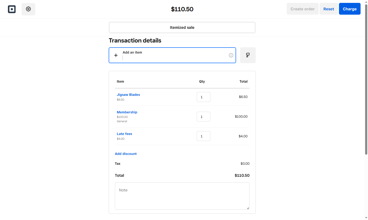 When you've added all the items to the payment cart, click on Charge