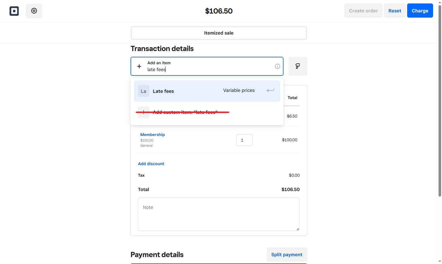 For Late Fees, type in late fees, then select "Late Fees"