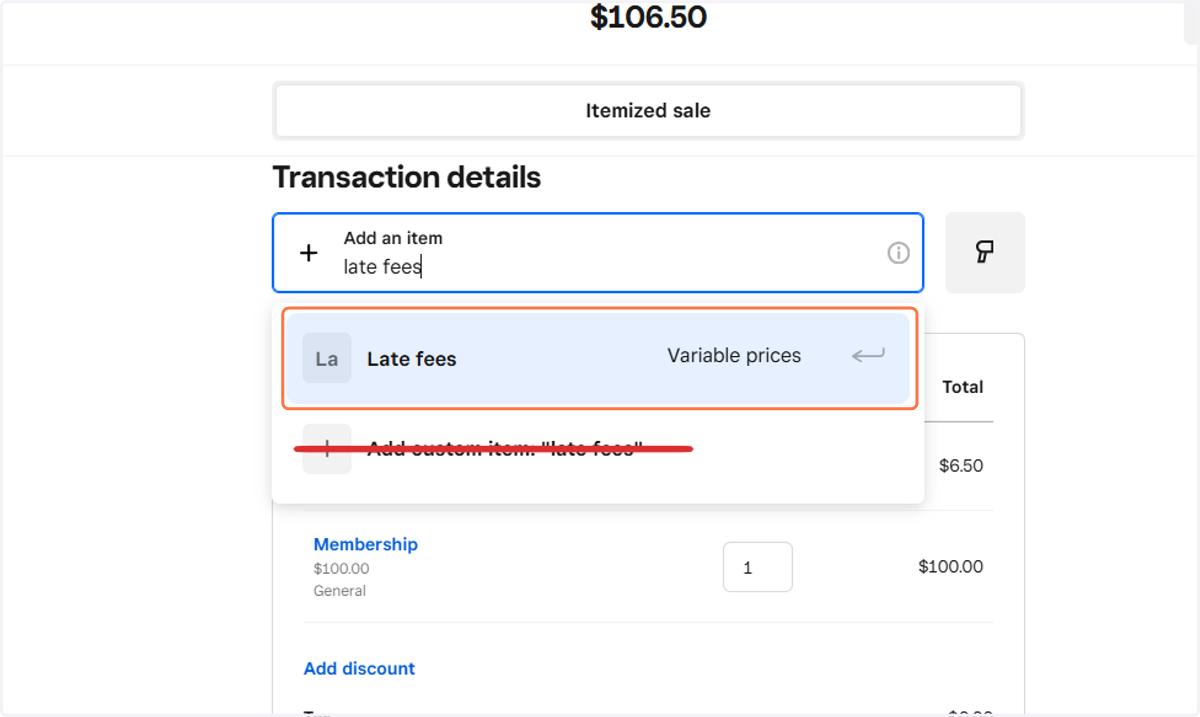 For Late Fees, type in late fees, then select "Late Fees"