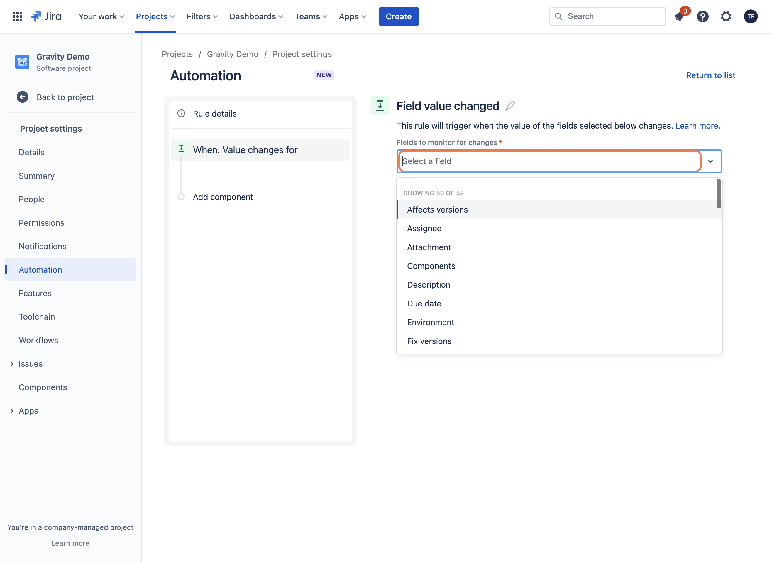 Click on Fields to monitor for changes