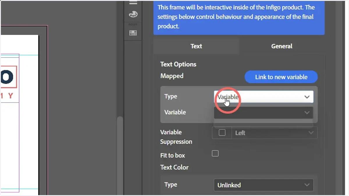 Navigate to the text mapping options and select the Variable type