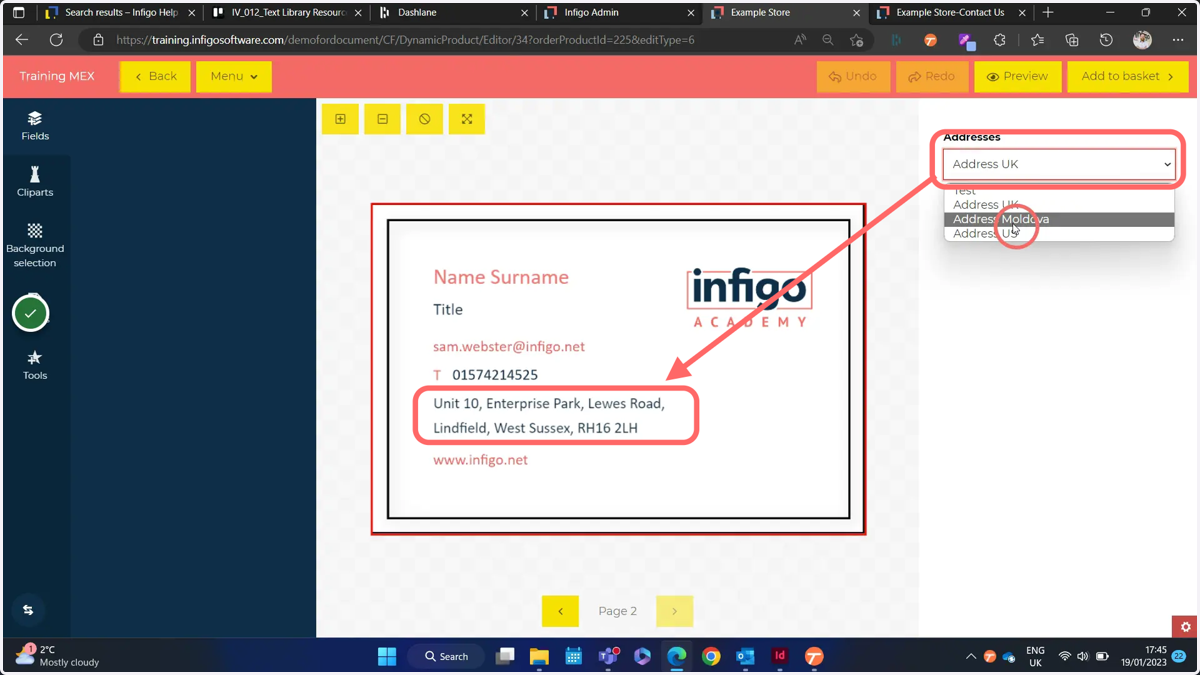 A dropdown is available, displaying your input Key fields. When selected, the Text field content will be shown in the text frame on the canvas