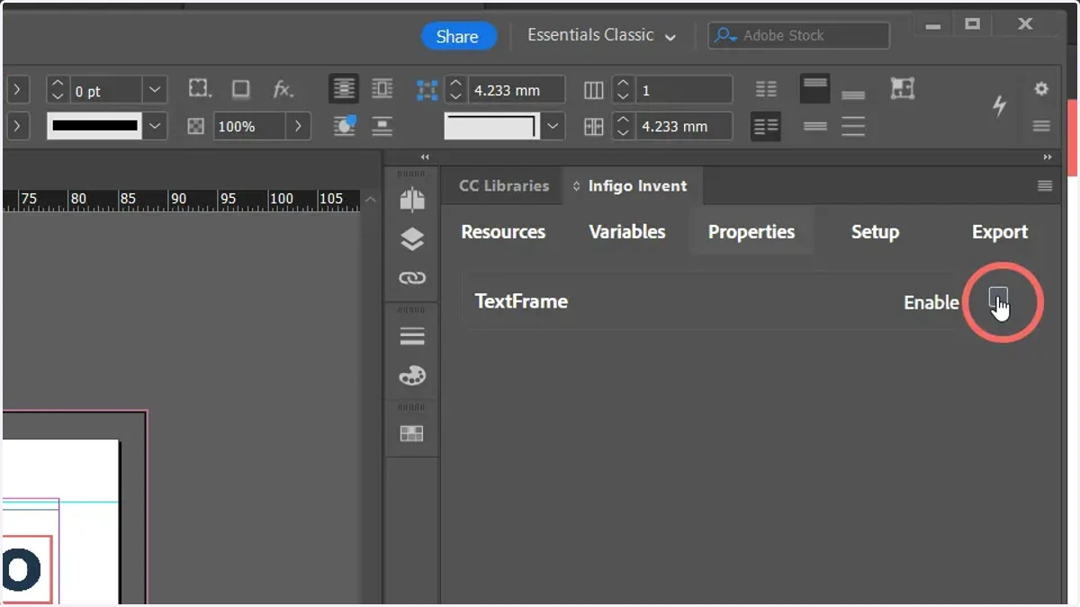 Enable the text frame to make it dynamic and configurable from Invent