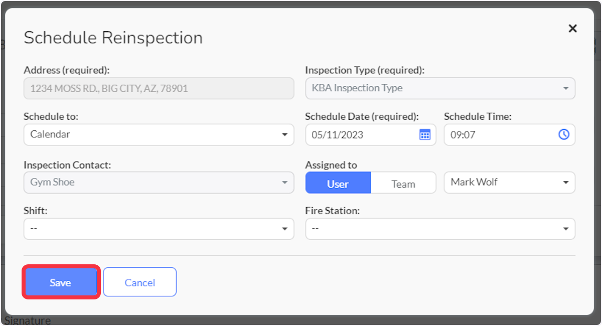 Click on Save.  If scheduling the Reinspection after selecting Complete, the Inspection will be set to complete status automatically.