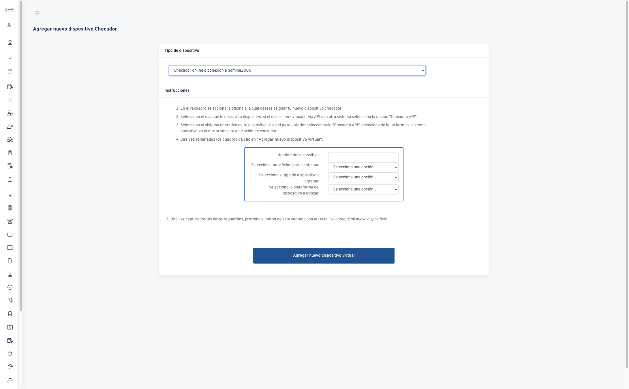 Selecciona Checador online ó conexión a nomina2000