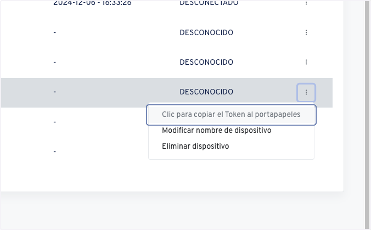 Selecciona Clic para copiar el Token al portapapeles