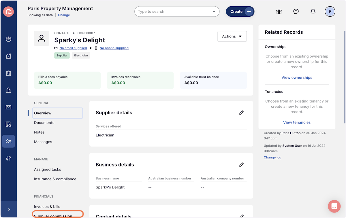 From within the suppliers contact record, navigate to Supplier commission from the left hand menu