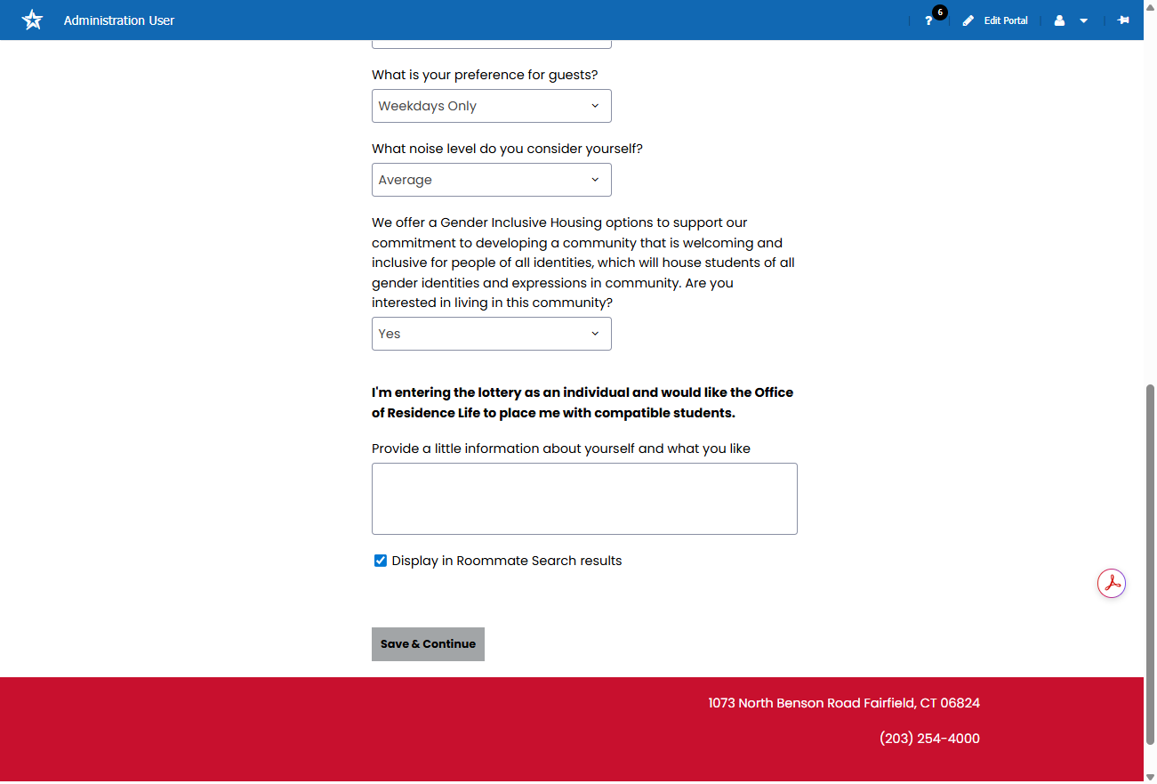 After completing your Roommate Questionnaire, click Save and Continue.