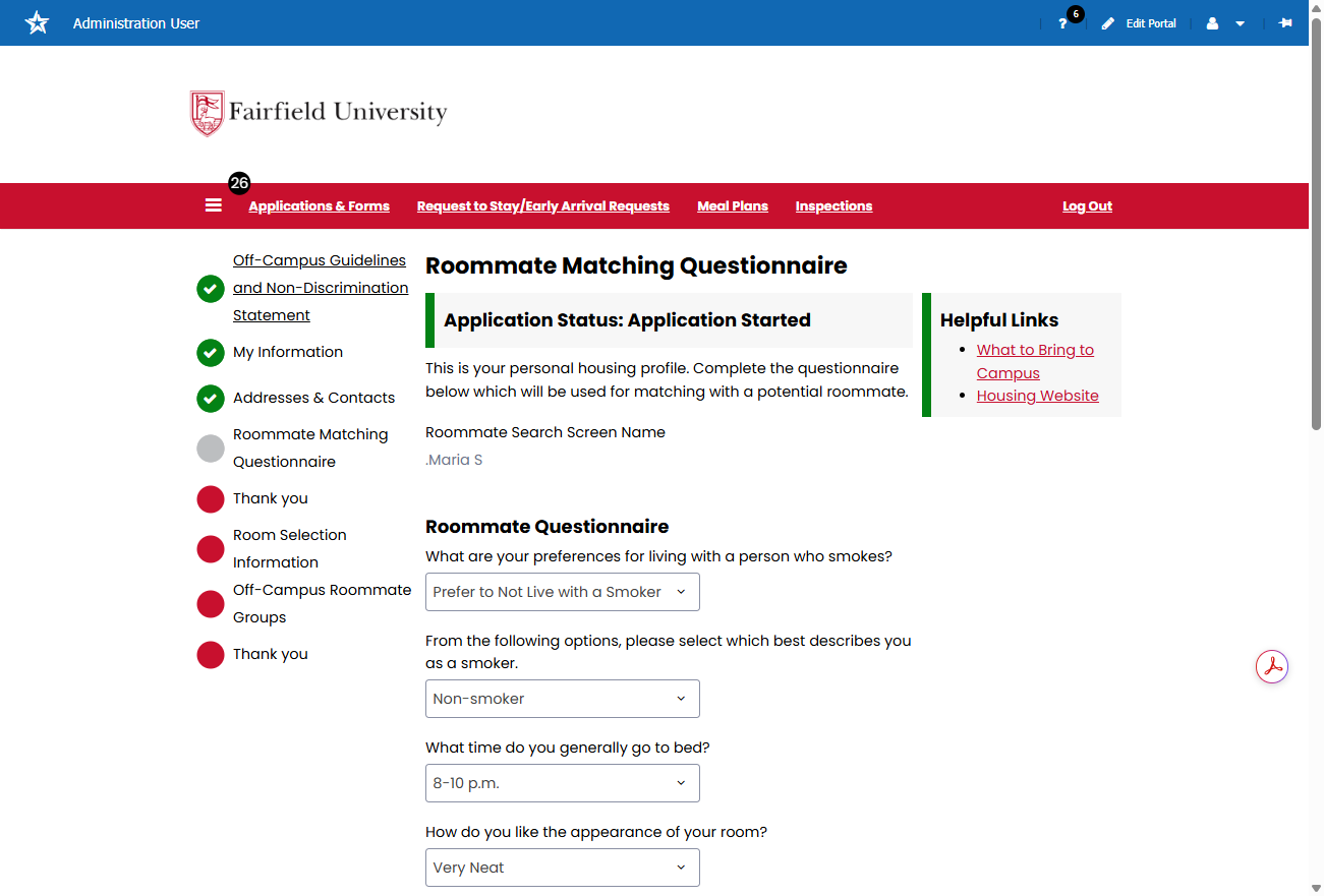 Begin completing the application starting with reviewing and acknowledging Fairfield University's Off-Campus Guidelines and Non-Discrimination Statement