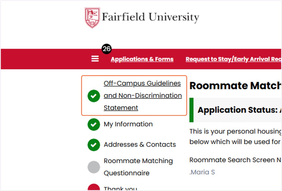 Begin completing the application starting with reviewing and acknowledging Fairfield University's Off-Campus Guidelines and Non-Discrimination Statement