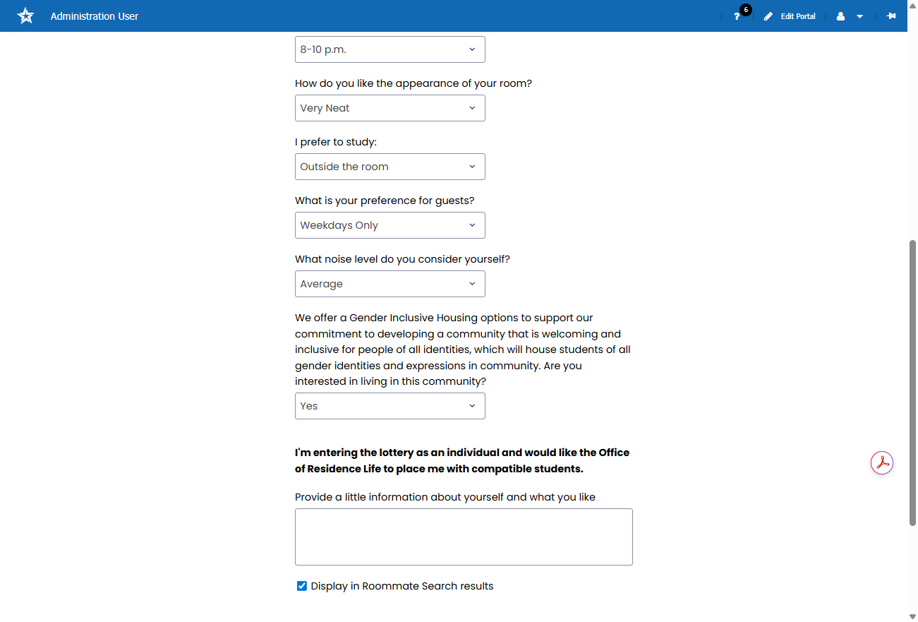 Review and update and/or confirm your Roommate Questionnaire. If you plan on entering the Off-Campus Lottery as a group, please ensure the "Display in Roommate Search results" box is checked so you're prospective roommates can search for and make a r