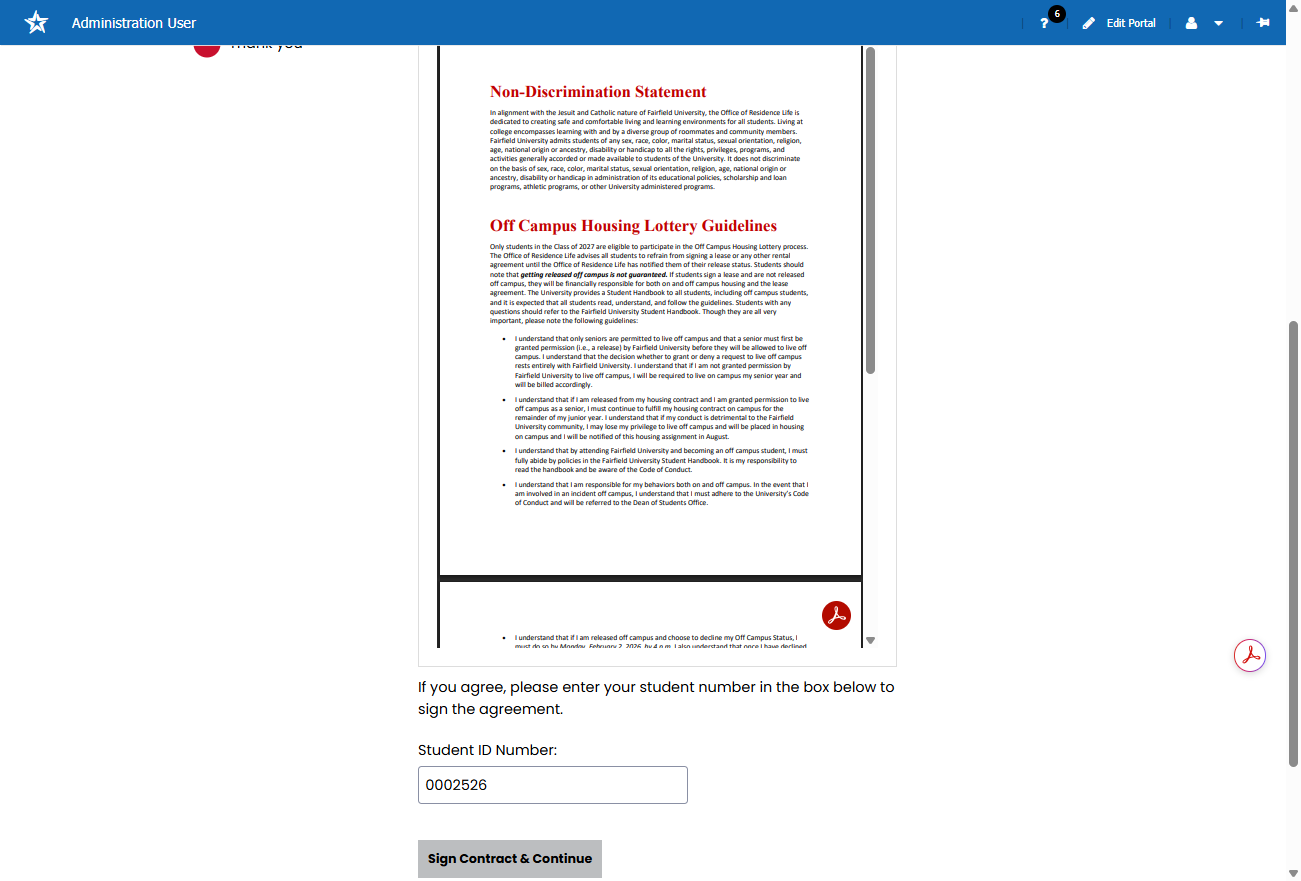 To sign the Off-Campus Guidelines and Non-Discrimination Statement, you must enter your Student ID number and then click the "Sign Contract and Continue" button.