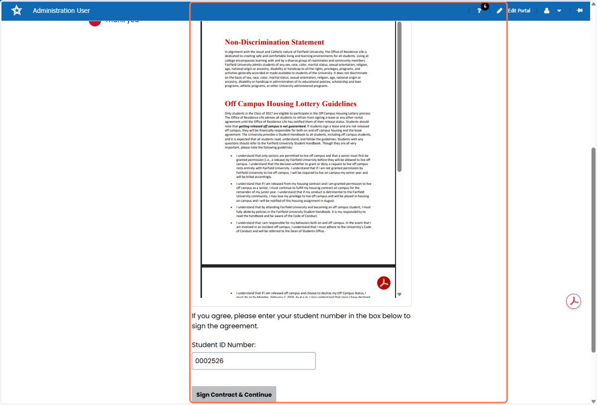To sign the Off-Campus Guidelines and Non-Discrimination Statement, you must enter your Student ID number and then click the "Sign Contract and Continue" button.