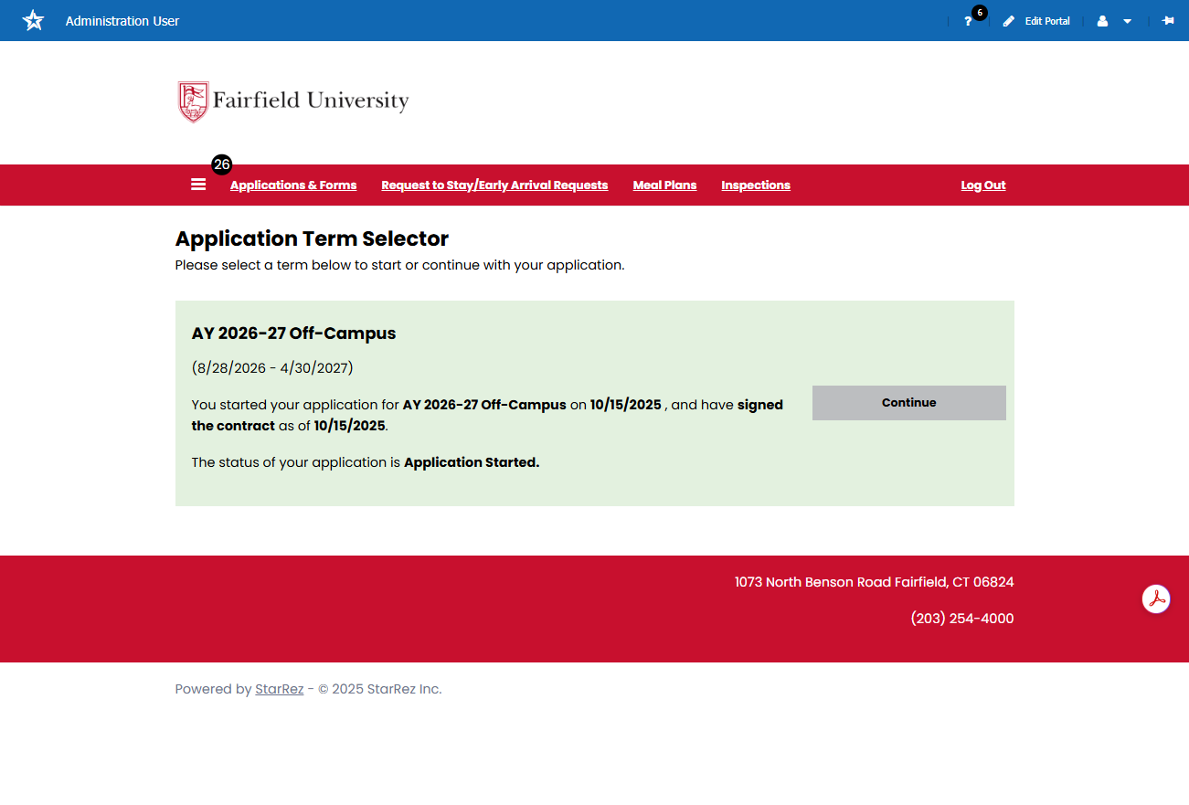 To apply to be released off campus for the 2026-27 academic year, click the Continue button that corresponds with term "AY 2026-27 Off-Campus" to complete the Off-Campus Lottery Application