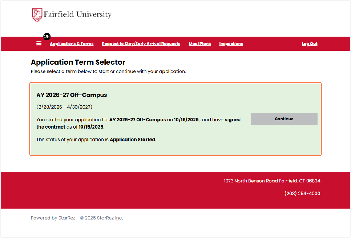 To apply to be released off campus for the 2026-27 academic year, click the Continue button that corresponds with term "AY 2026-27 Off-Campus" to complete the Off-Campus Lottery Application