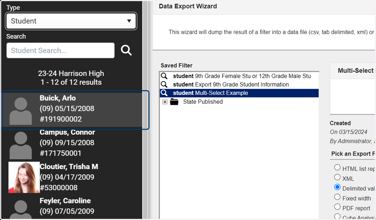 To view the students in the search bar, double click the filter.