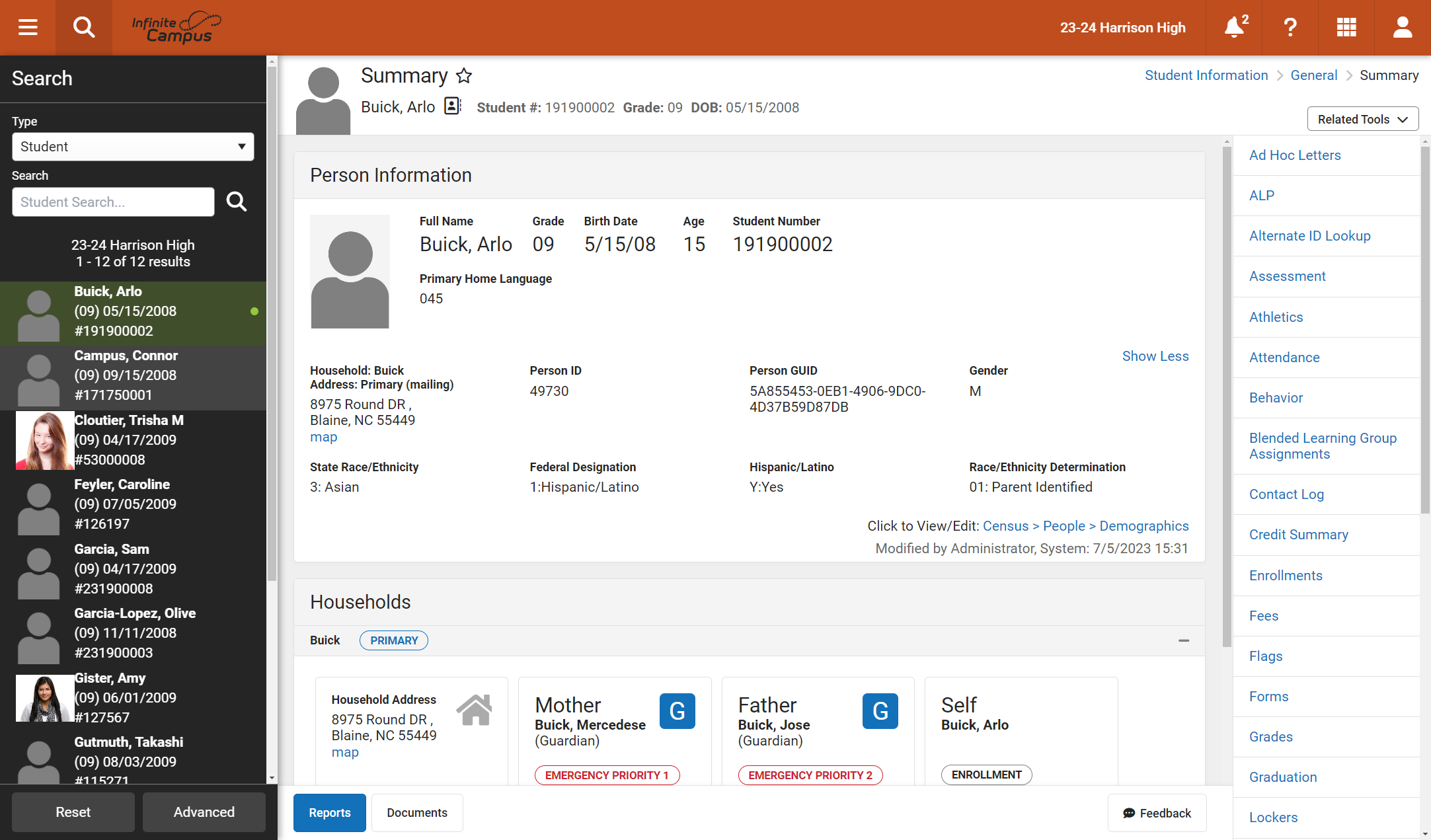 Click on each student to see data for that student.