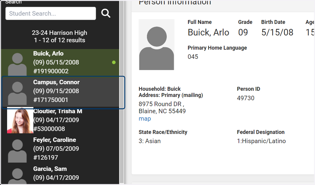 Click on each student to see data for that student.