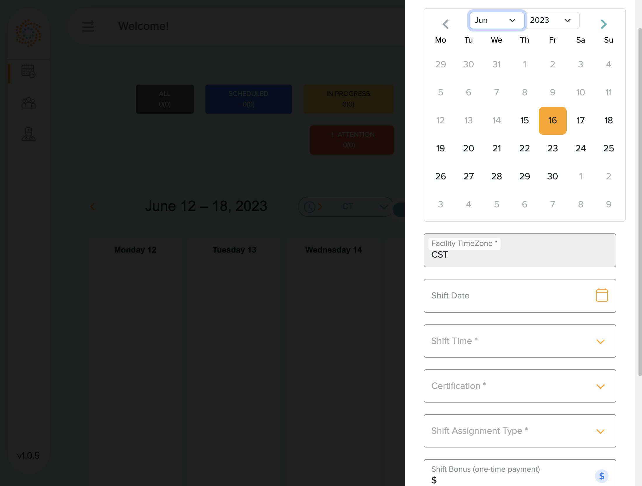 Today's date will be shown on the calendar with the orange square.Click on the date you want to create the shift for.