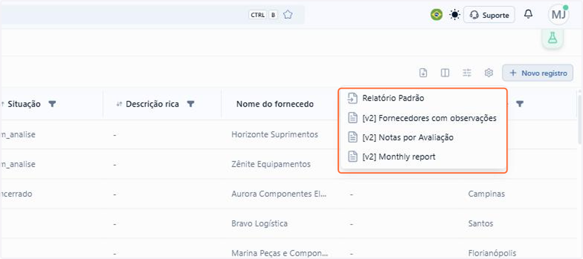Extraia um relatório a partir dos modelos da categoria; a exportação já considera os filtros ativos na tabela