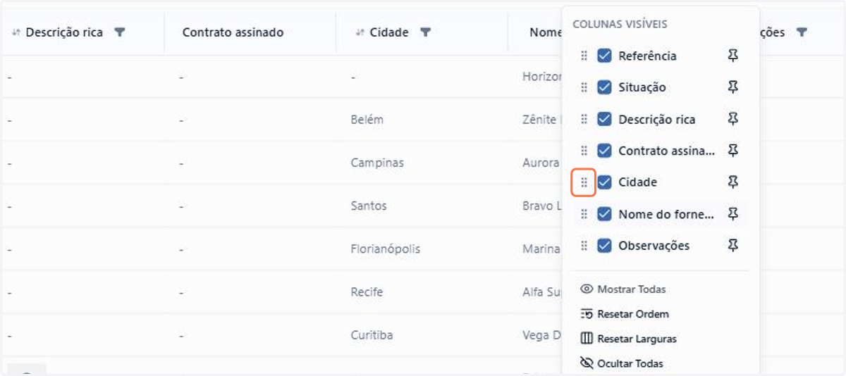 Arraste a alça à esquerda de uma coluna para reordenar a listagem