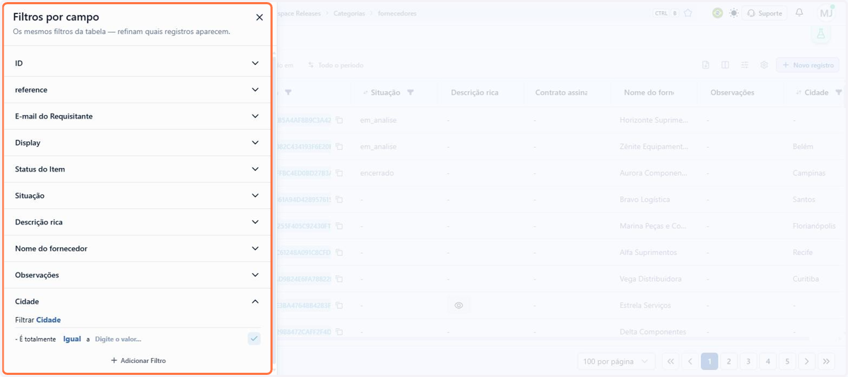 Clique no ícone de filtros para abrir o painel Filtros por campo