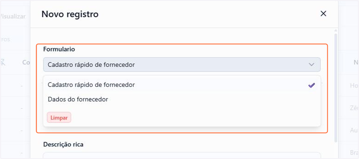 Ao criar um novo registro, escolha entre as variações de formulário da categoria