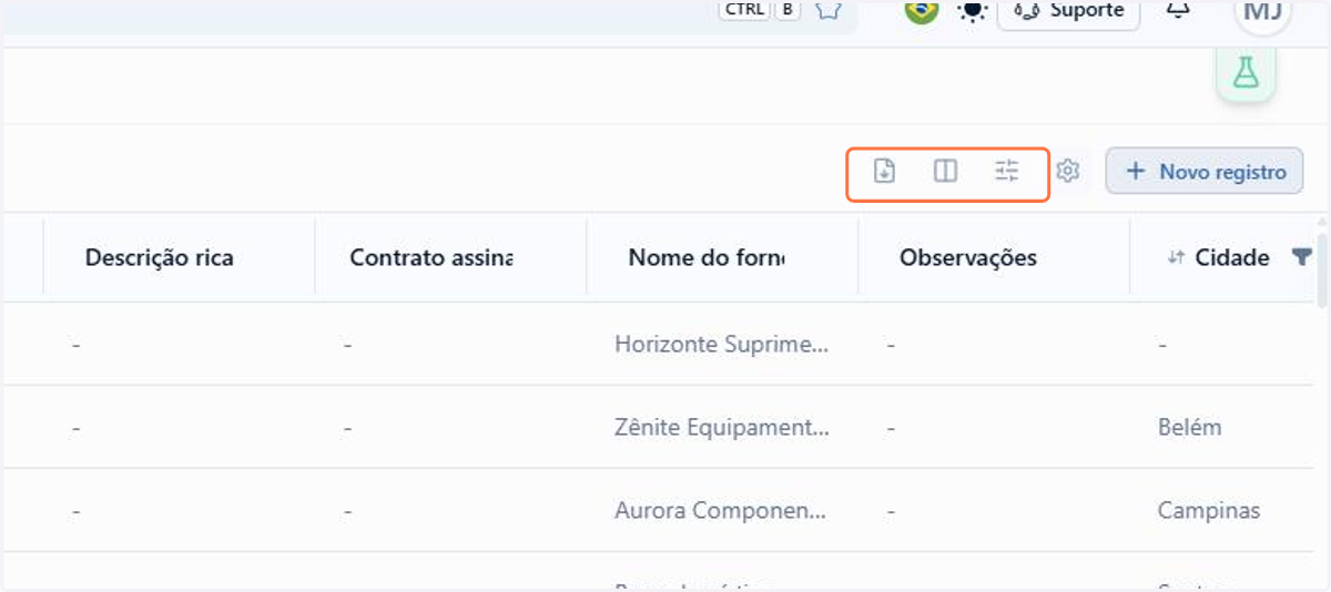 No cabeçalho, os ícones de relatório, colunas, filtros e configurações ficam sempre à mão
