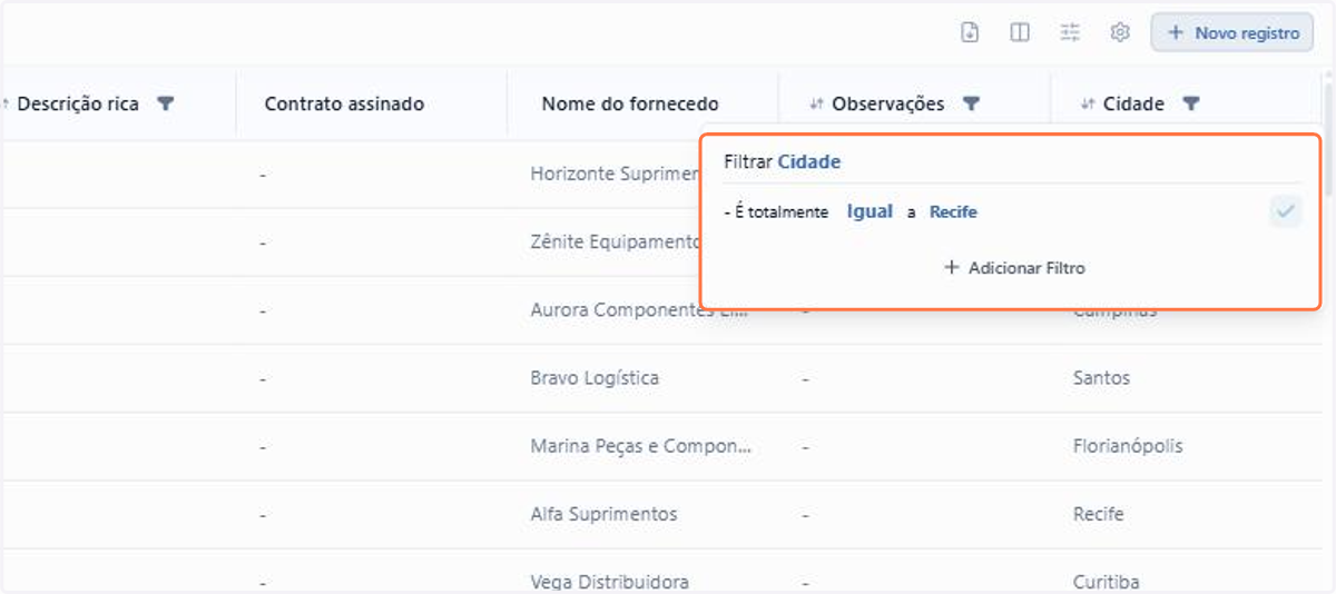 Use o filtro do próprio cabeçalho para restringir a coluna aos valores que interessam