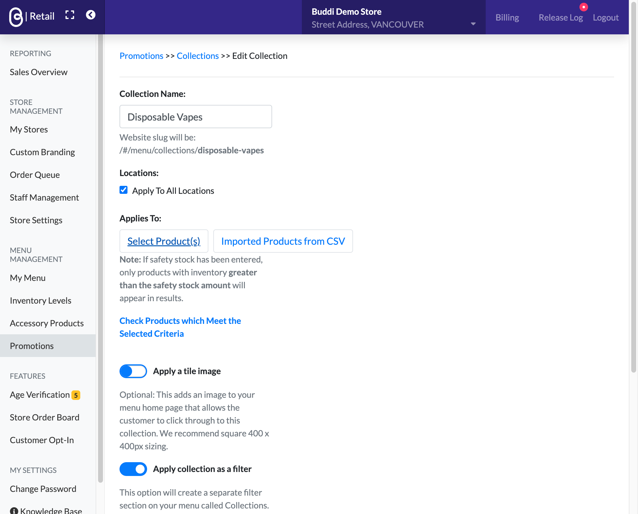 Shown: Collections edit page of an existing Collection
