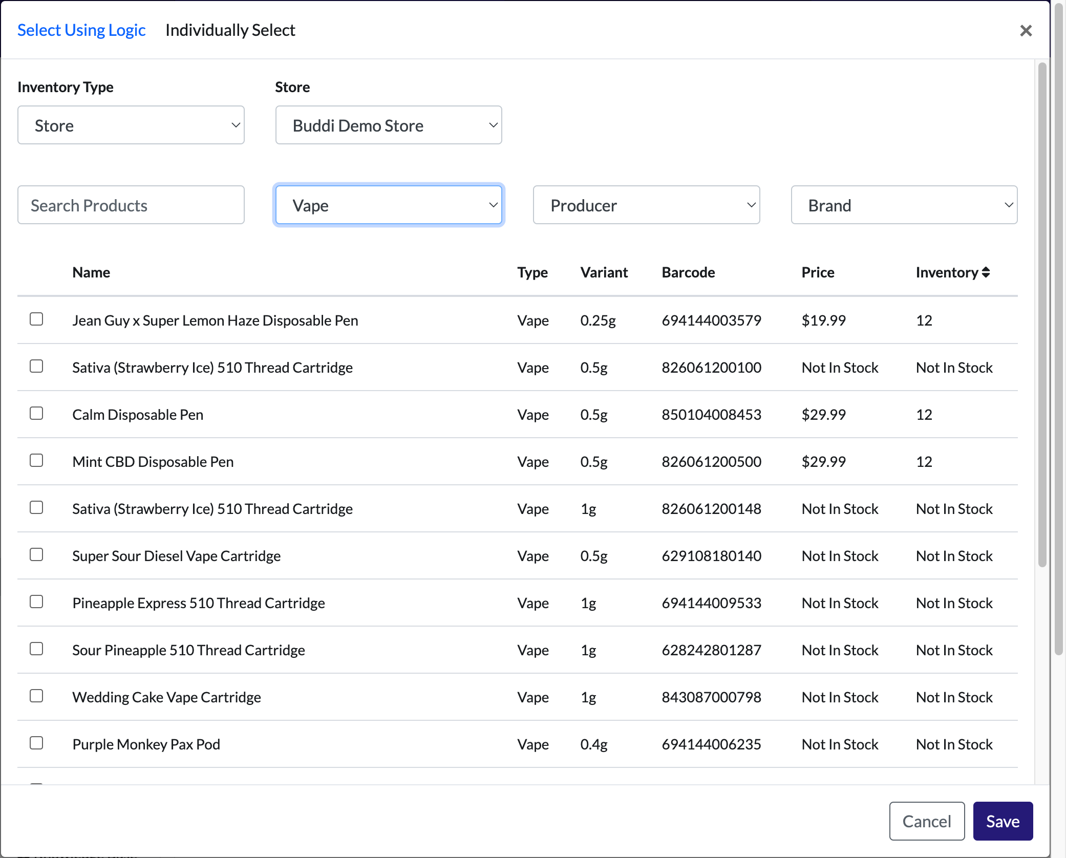To sort In Stock products to the top, click on the two arrows icon (beside 'Inventory').