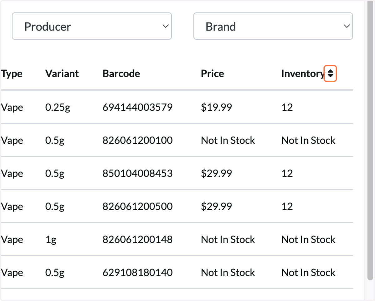 To sort In Stock products to the top, click on the two arrows icon (beside 'Inventory').