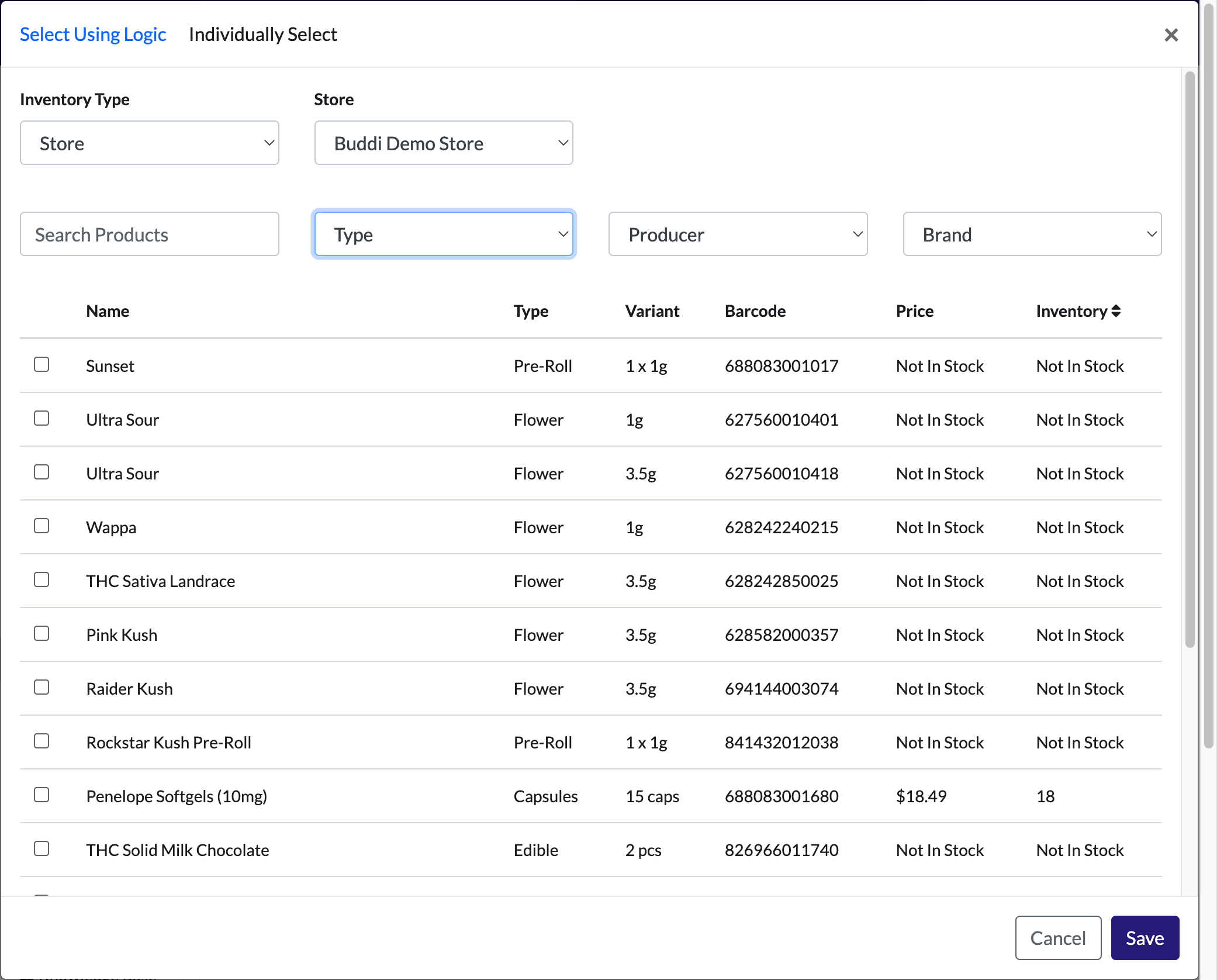 To filter products by category, select 'Type'.