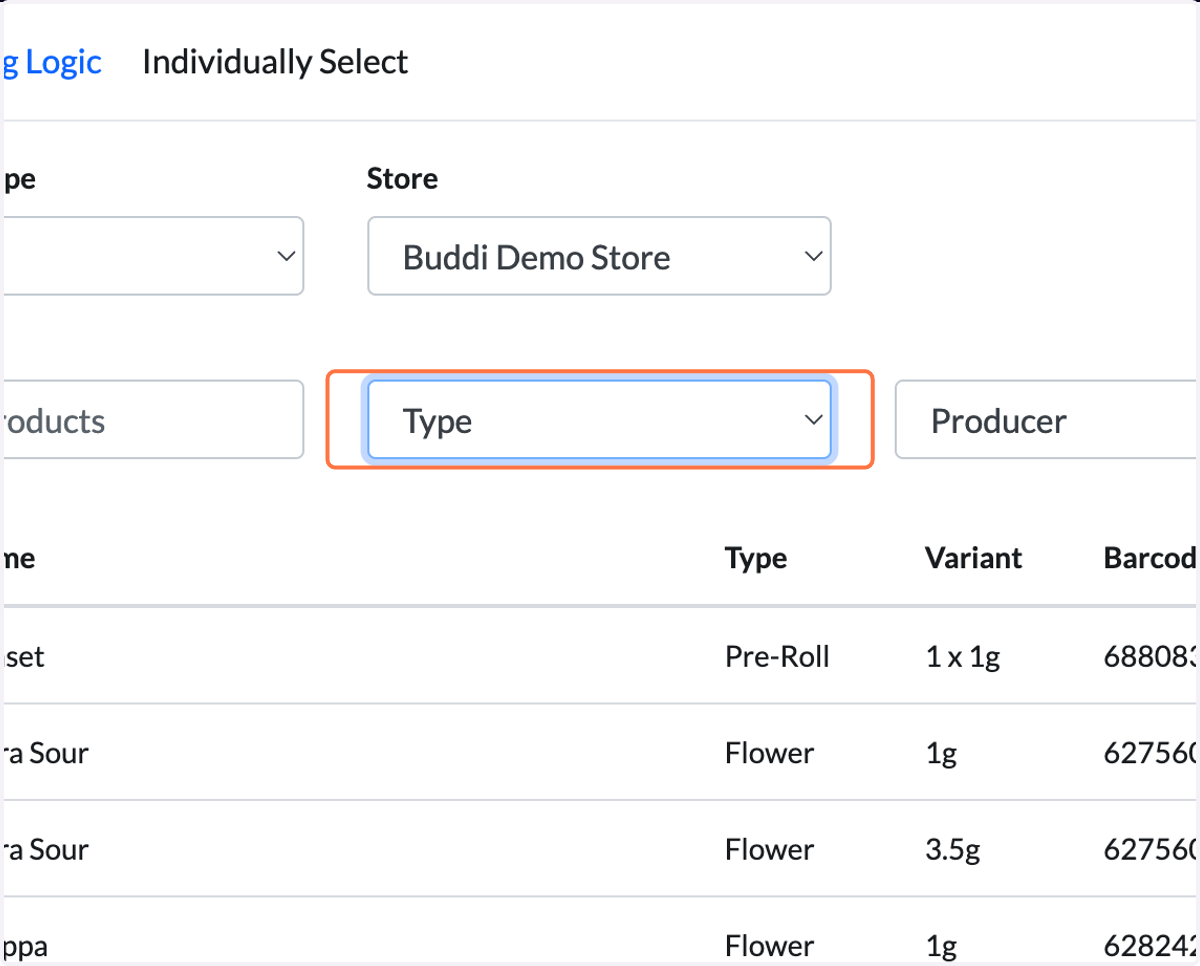 To filter products by category, select 'Type'.