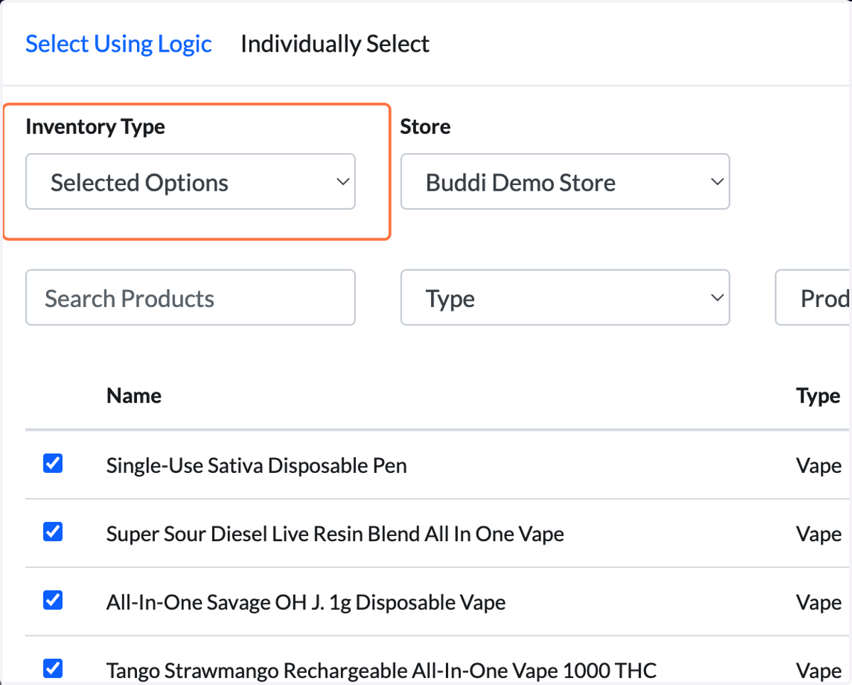 In the Inventory Type dropdown, click on 'Selected Options' to select either 'Store' or 'Chain' (if you have multiple locations). ***This is an important step when updating a Collection!***