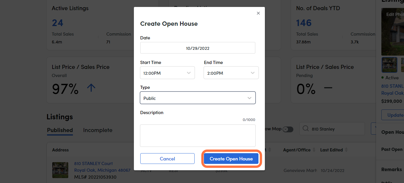 Click Create Open House to post