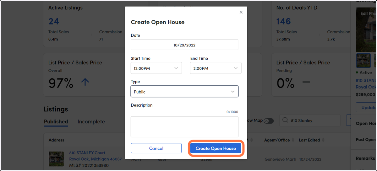 Click Create Open House to post