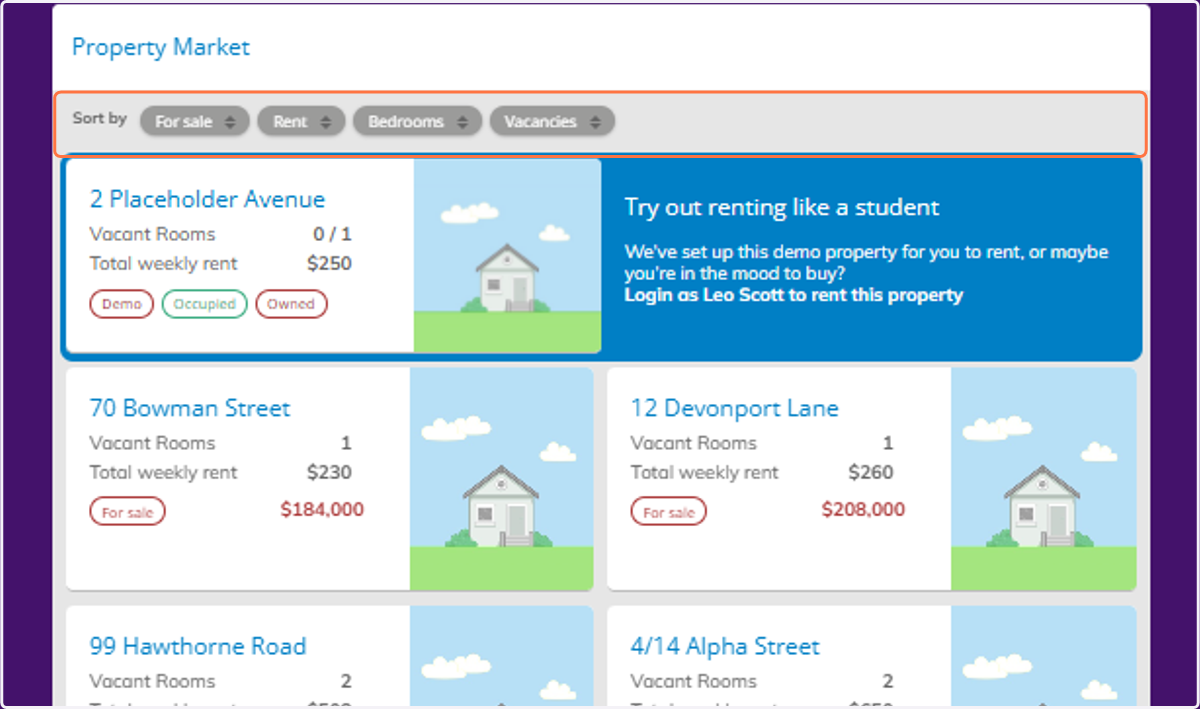 Scroll down to view the Property Market. You can see from here which properties are owned, as well as if they are occupied.