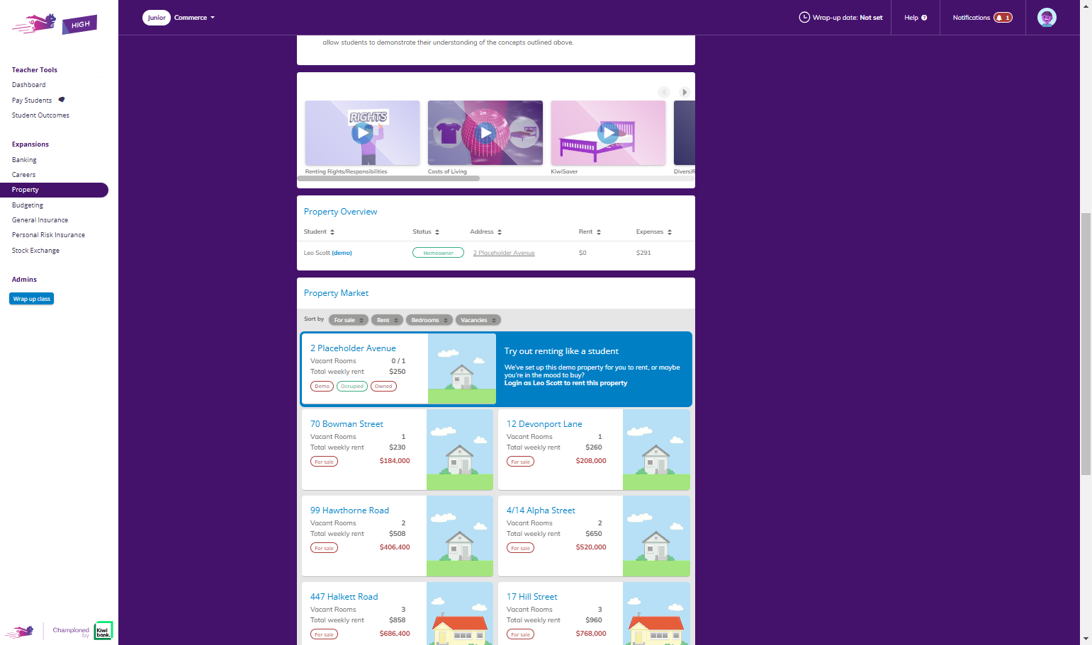 Scroll down to view the Property Overview. If a student has purchased a property, their status will show as Homeowner.
