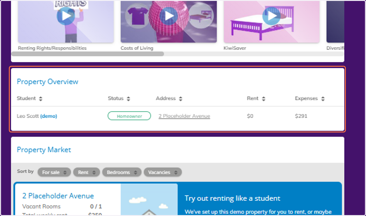 Scroll down to view the Property Overview. If a student has purchased a property, their status will show as Homeowner.