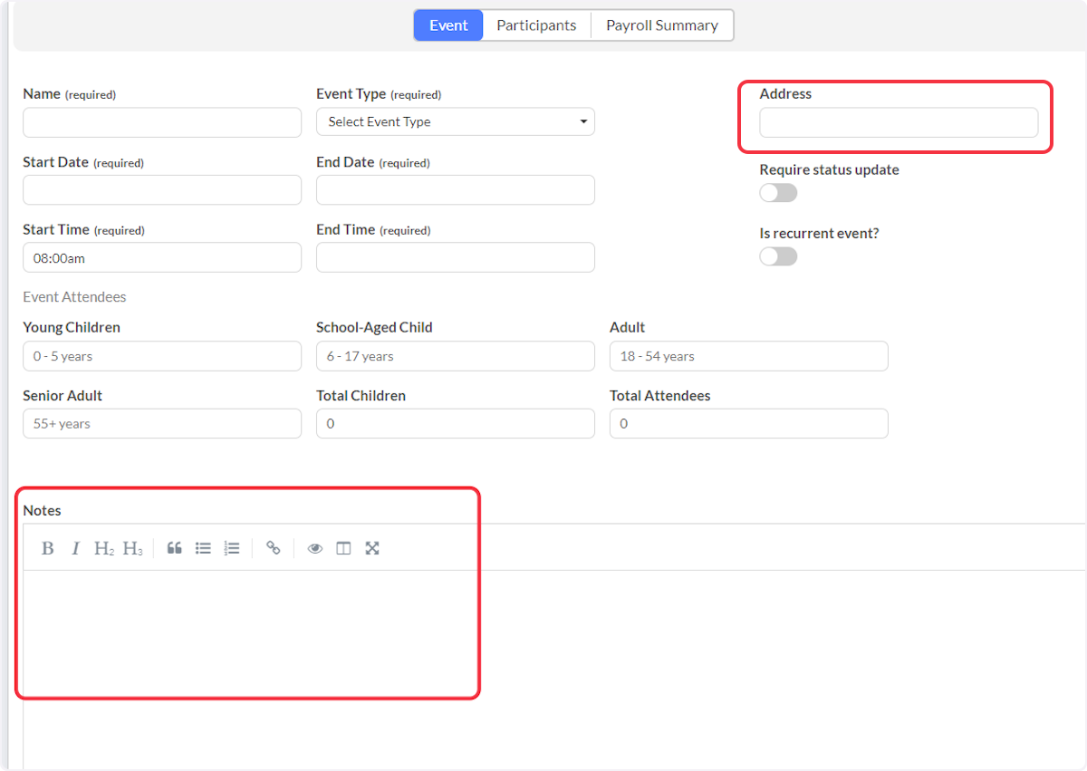 Optional fields such as Address and Notes are not required but can be used for additional information for the event.