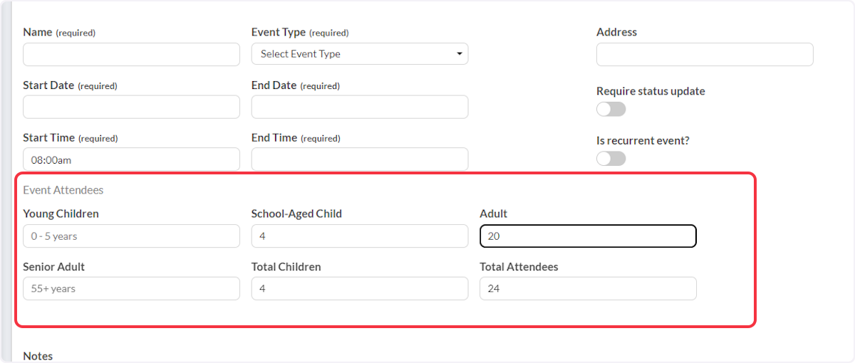 Event Attendees can be added by entering the number within the age category and will automatically total the number of children and attendees.