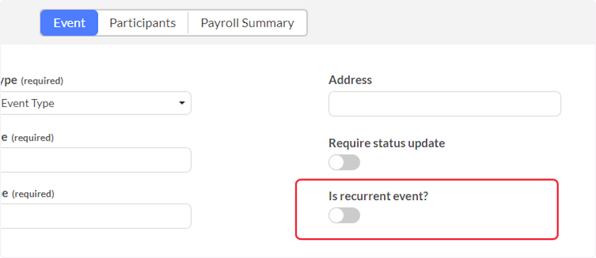 Using the slider to enable this feature will give options to choose a recurrence of the event.