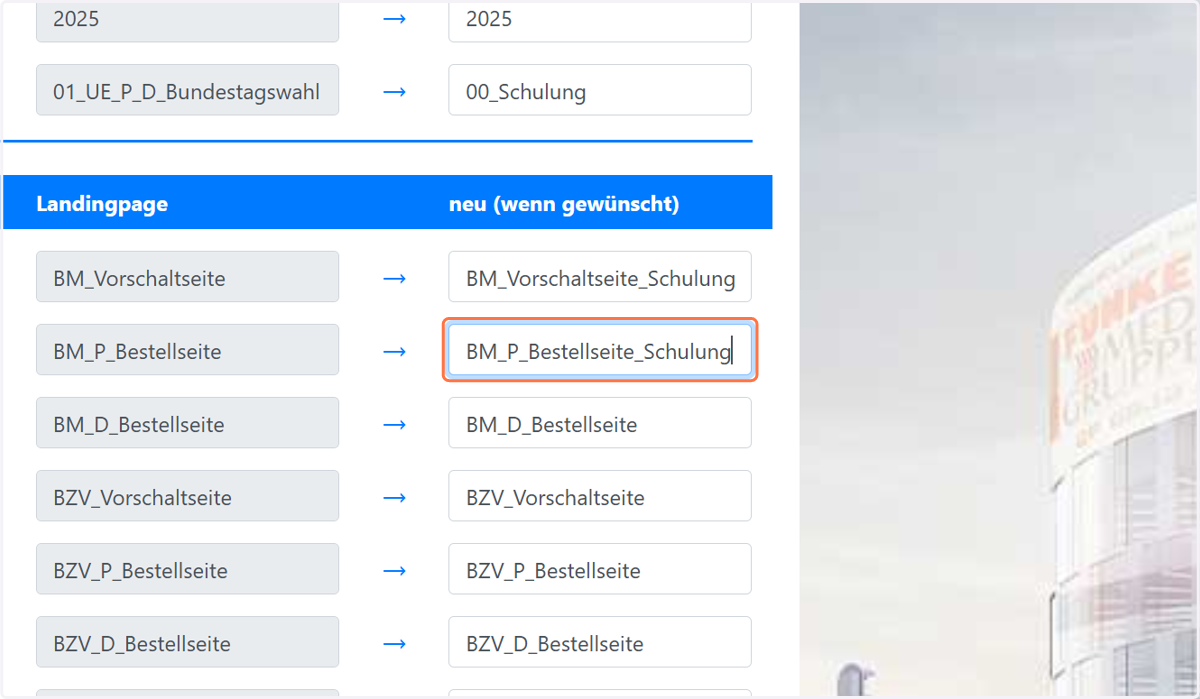 Als nächstes könnt ihr eure Seiten umbenennen, falls nötig. Es können keine Sonderzeichen etc. in Landingpage-Namen verwendet werden. Erlaubt sind - und _