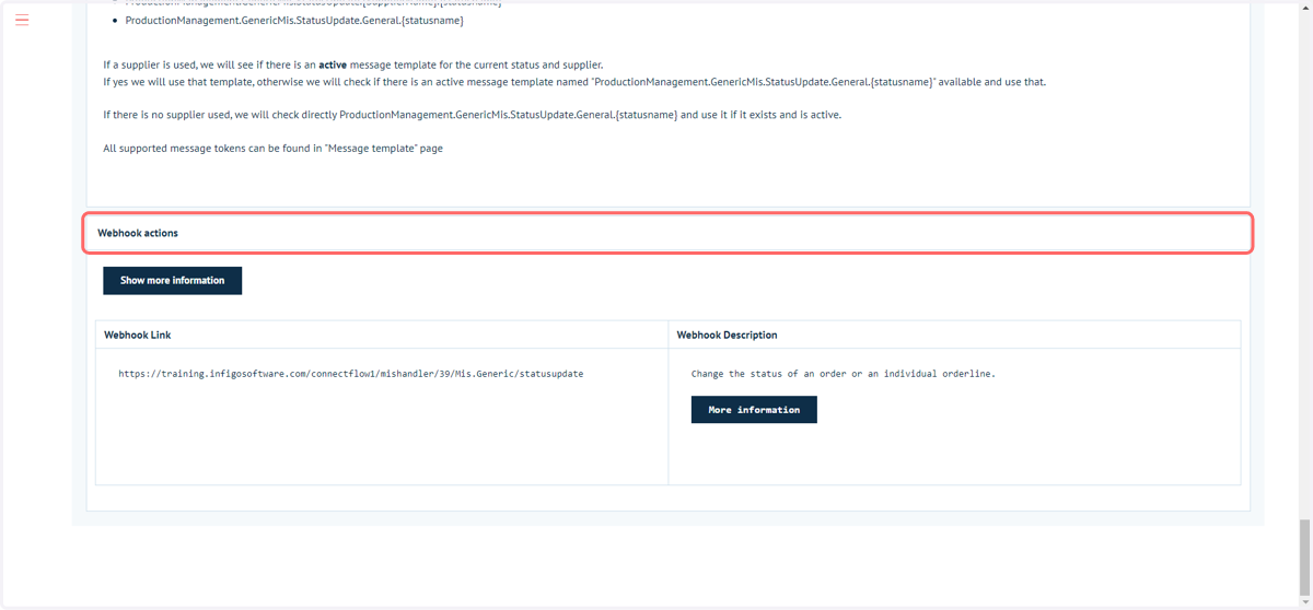 Webhook links and additional information related to the webhooks can be found at the very bottom of the Connect: Flow configuration page.