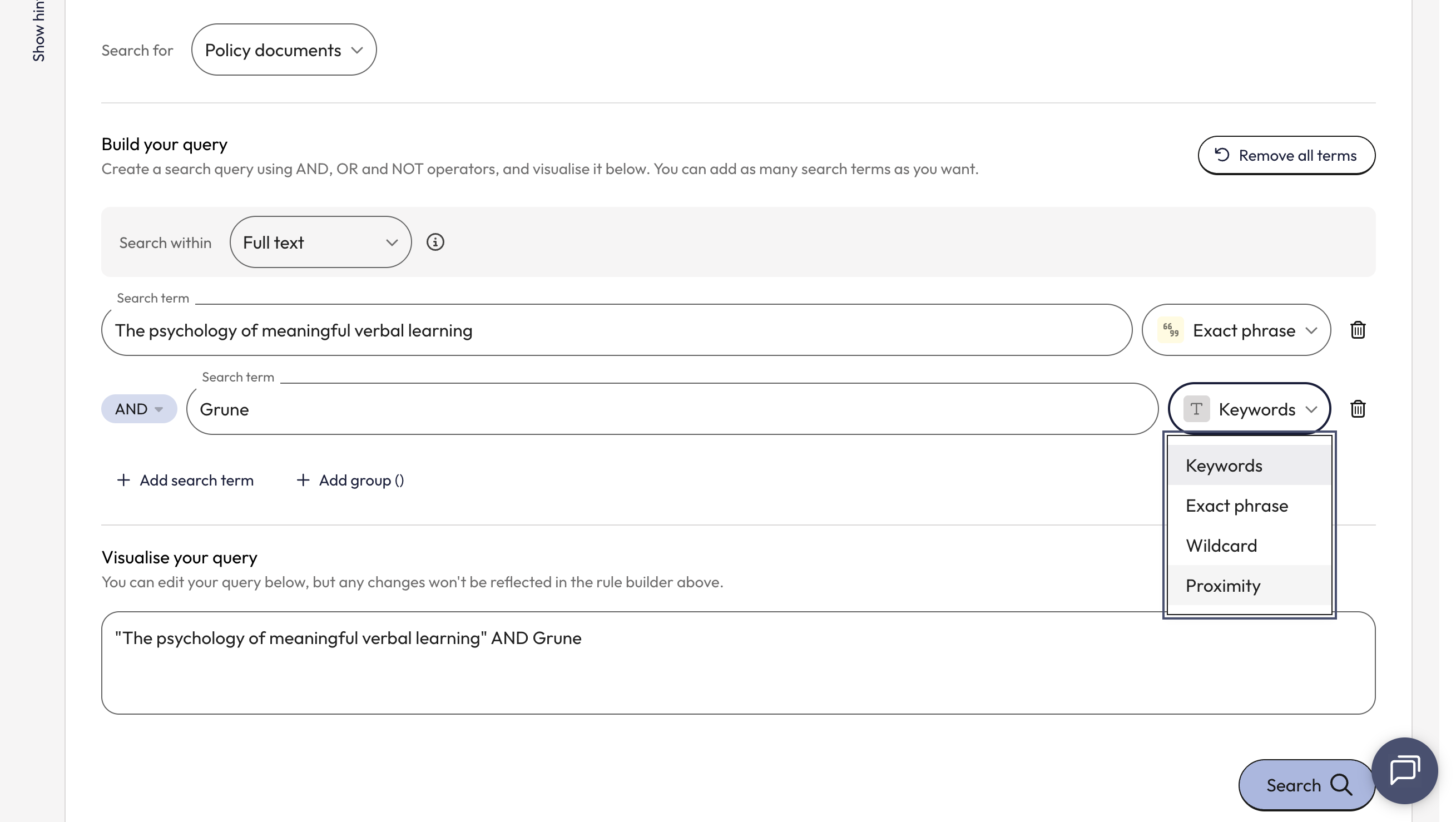 Once you have added a search term, you can decide the search strategy you want applied to the term or leave it as keyword. In this example, we'll use a proximity search. This search will find the authors name within a specified number of words from t