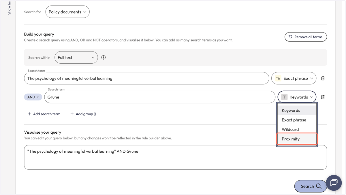 Once you have added a search term, you can decide the search strategy you want applied to the term or leave it as keyword. In this example, we'll use a proximity search. This search will find the authors name within a specified number of words from t