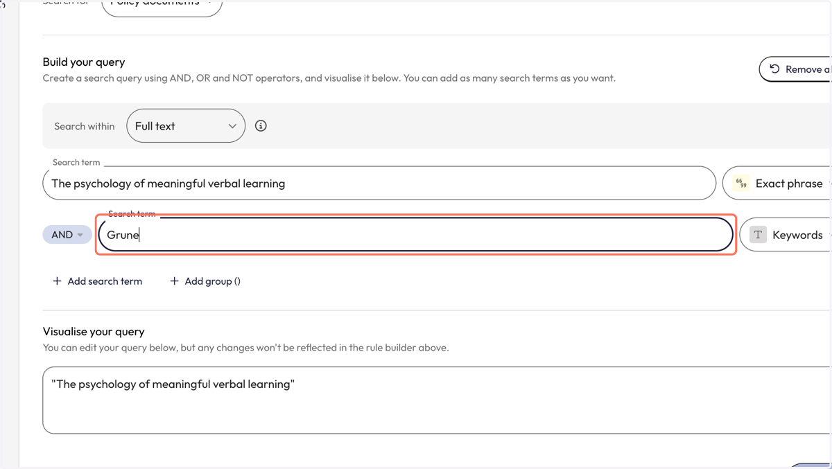 Consider adding in an author name or other relevant keywords in the 'Search term box' that appears. In this example, we will use the author surname to narrow down our search results.