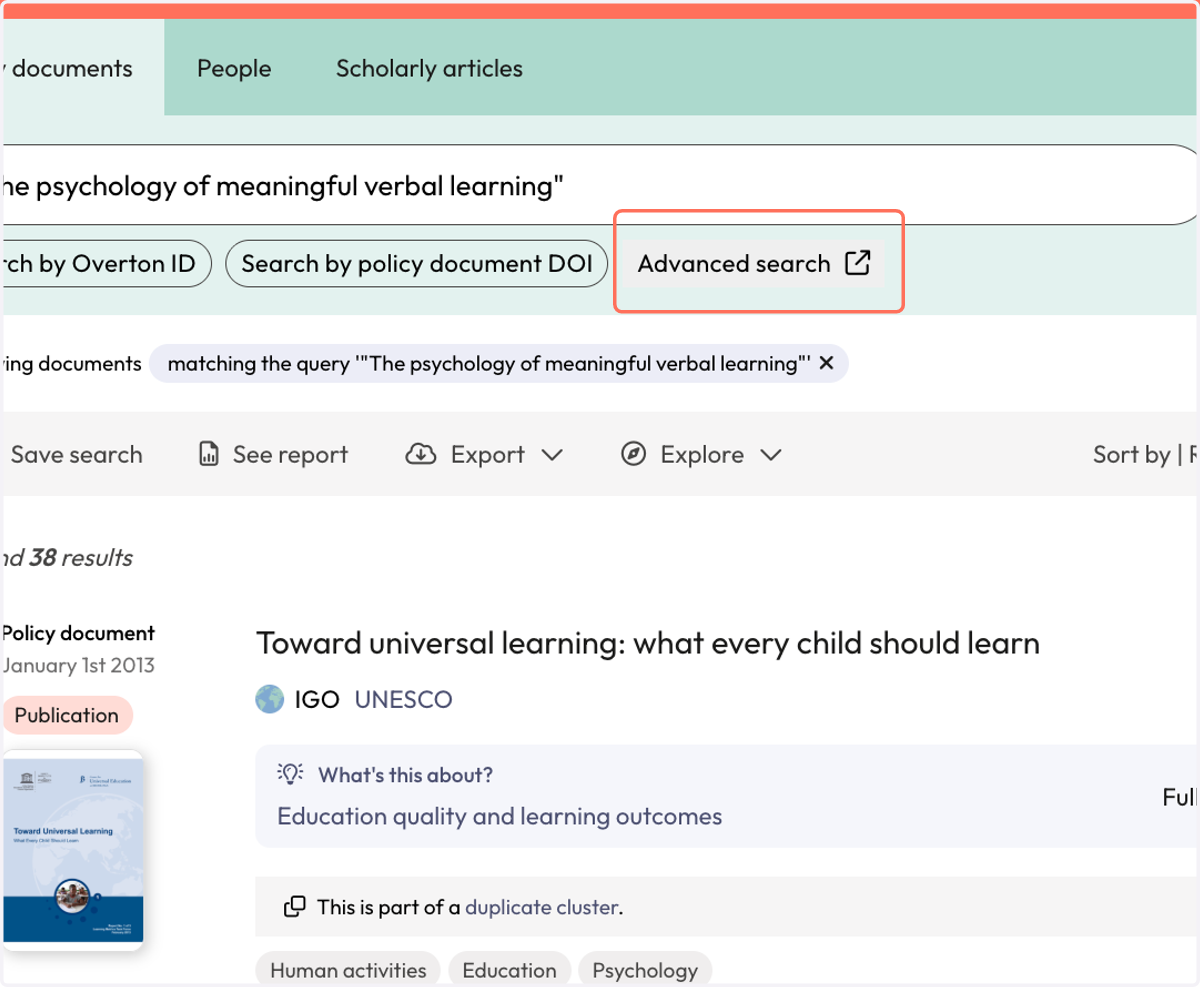Click on 'Advanced Search' to return to your original query where you can add in further search terms to narrow down your search.